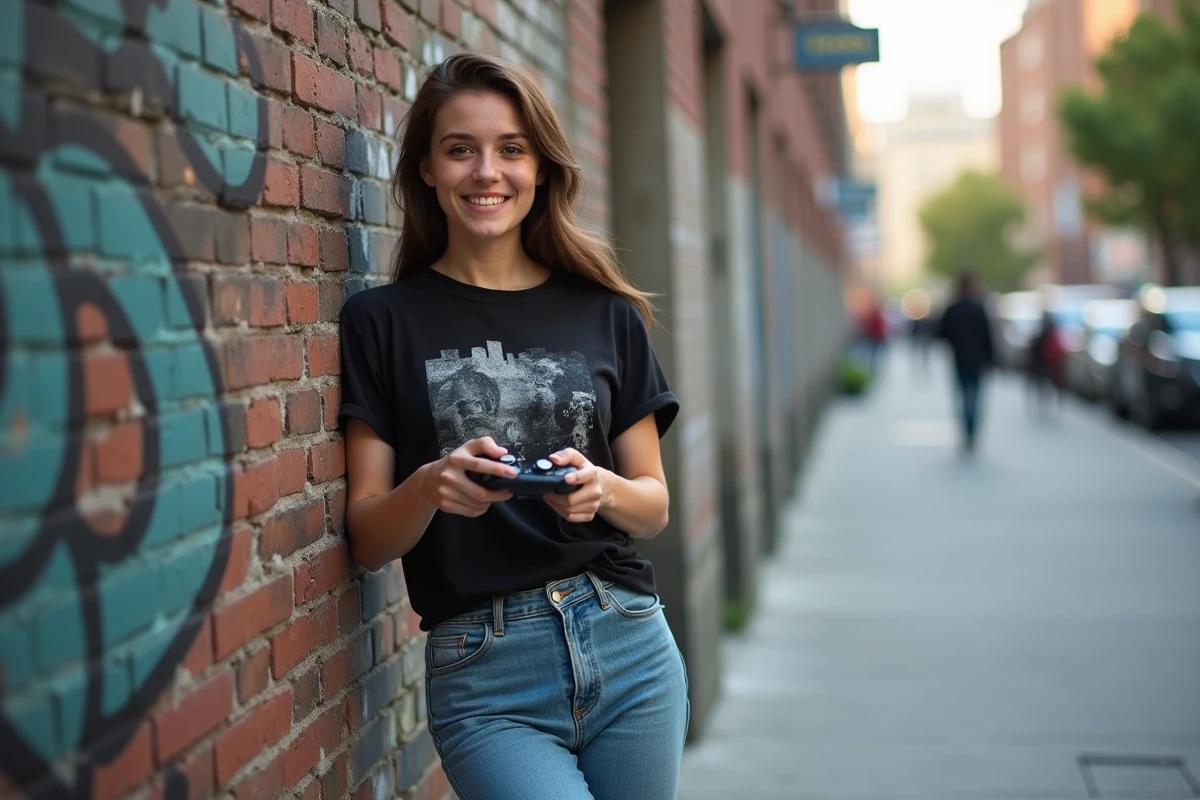 Jeune femme streameuse gaming en tenue décontractée tenant une manette de jeu devant un mur urbain avec graffitis