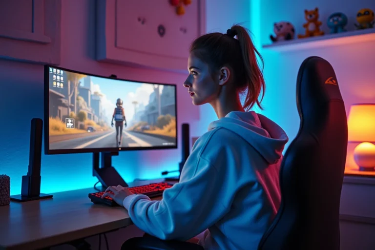 Jeune streameuse gaming assise devant son setup de streaming avec double écran et périphériques RGB dans une salle de jeu aménagée