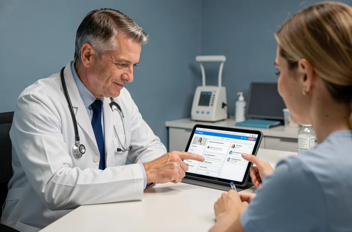 Médecin et patient consultant un profil de professionnel de santé certifié sur une tablette en cabinet médical