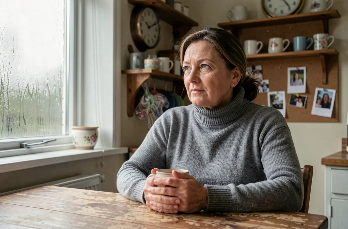 Mère silencieuse et contemplative dans une cuisine familiale chaleureuse, symbole des sacrifices quotidiens des parents de sportifs de haut niveau