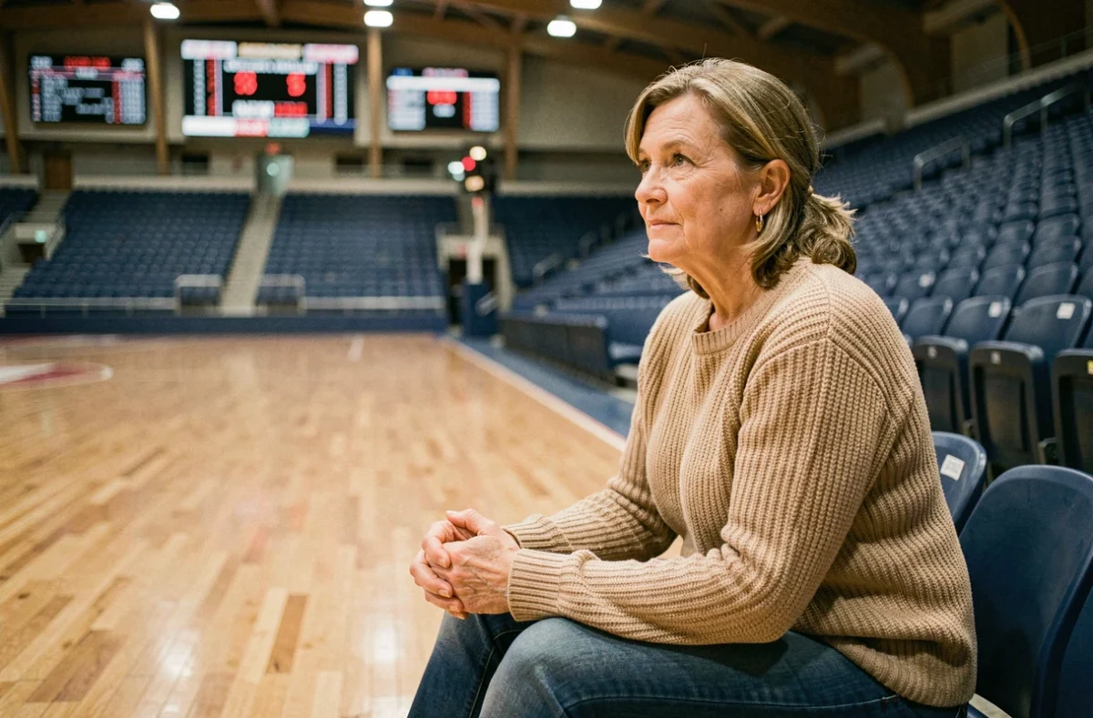 Mère fière assise seule dans une salle de sport vide, attendant en coulisses comme une figure de soutien discrète pour son enfant champion