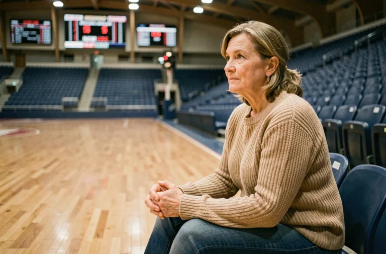 Mère fière assise seule dans une salle de sport vide, attendant en coulisses comme une figure de soutien discrète pour son enfant champion