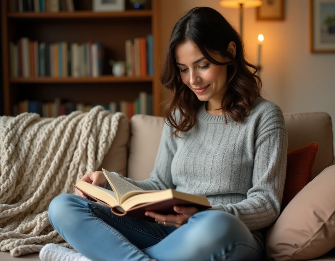 Femme lisant sur un canapé entourée de livres pour enfants, évoquant les moments intimes de la vie de famille et la parentalité