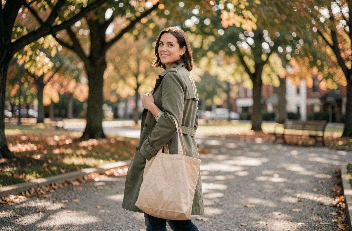 Femme se promenant dans un parc urbain en automne, illustrant la vie quotidienne et les moments en famille à l'extérieur