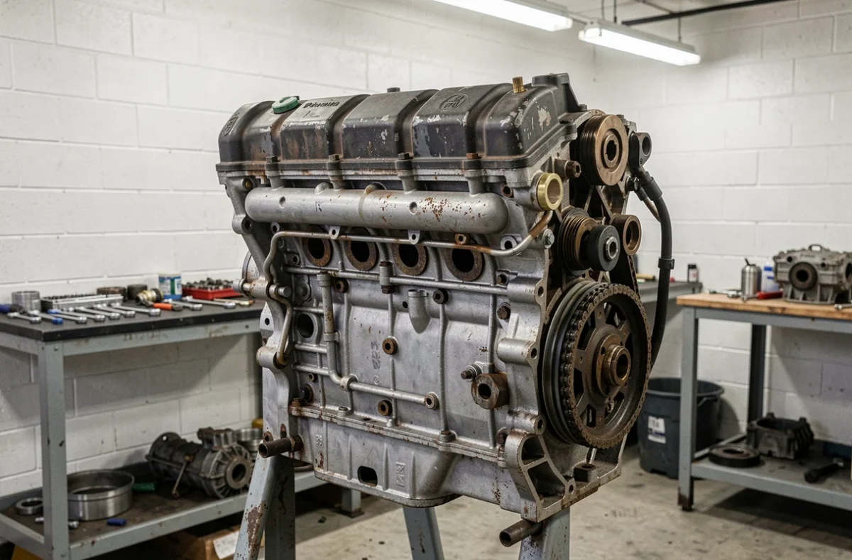 Moteur Renault déposé sur un support mécanique dans un atelier automobile lors d'une intervention pour code défaut DTC253F29