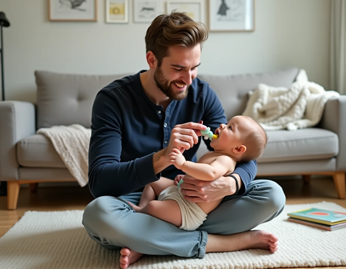 Papa offrant un anneau de dentition à son bébé bavant sur le sol du salon, moment du quotidien lié à la poussée dentaire