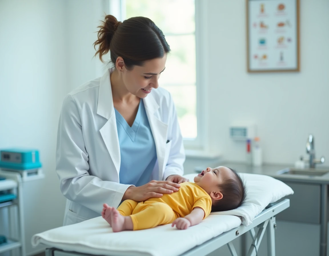 Pédiatre examinant un bébé en consultation médicale pour des symptômes de poussée dentaire incluant diarrhée et irritabilité
