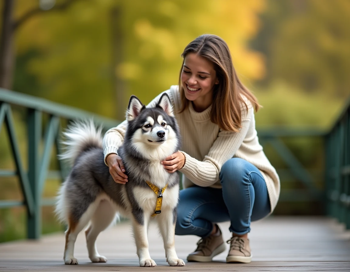 Jeune femme mesurant la taille de son Pomsky adulte dans un jardin pour suivre sa croissance