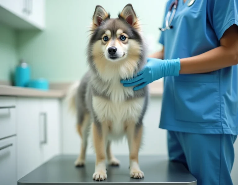 Pomsky adulte pesé sur une balance vétérinaire lors d'un contrôle de croissance en clinique