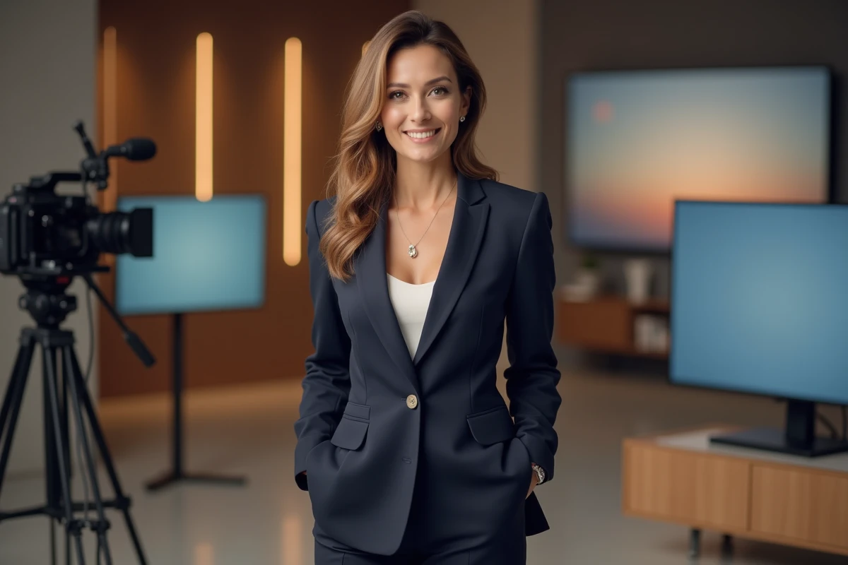Présentatrice TV élégante en studio avec silhouette mince et tenue professionnelle