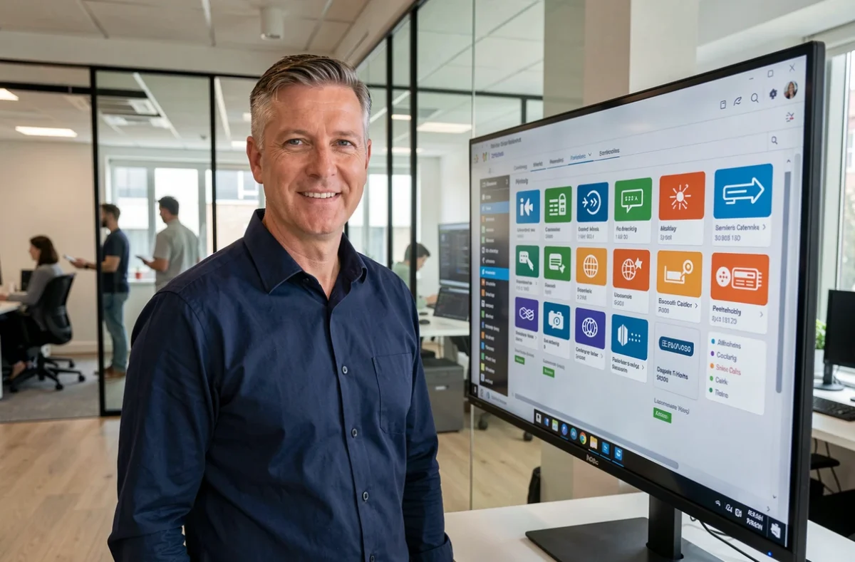 Professionnel de l'informatique devant un écran affichant des catégories de logiciels dans un bureau moderne