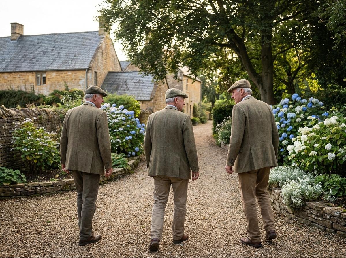 Deux hommes seniors se promenant dans un jardin fleuri en France