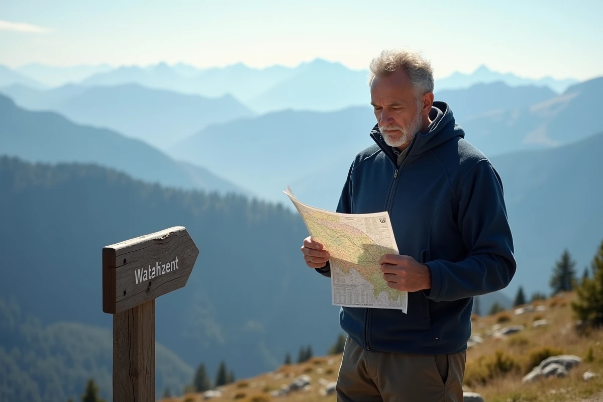 Randonneur consultant une carte topographique sur un sentier du massif du Pilat avec vue sur les crêtes en arrière-plan
