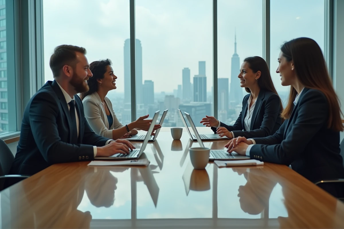 Équipe de professionnels en réunion stratégique autour d'une table de conférence pour développer la performance d'entreprise