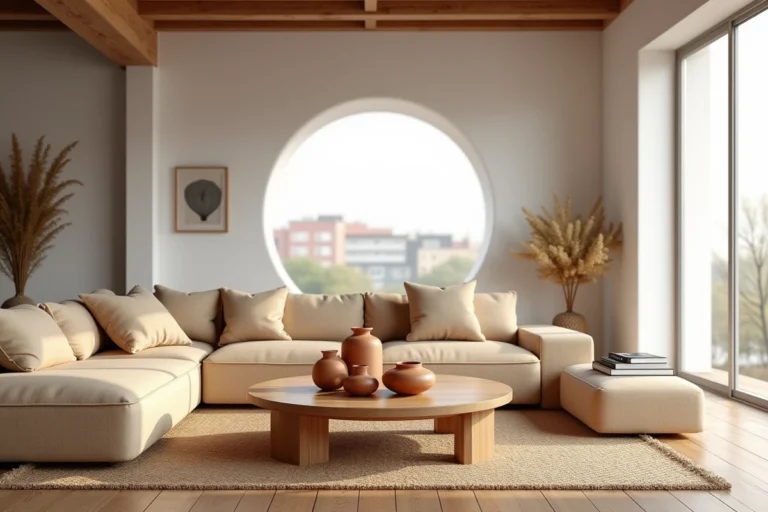 Salon moderne au style scandinave avec canapé en lin, table basse en bois et vases en céramique terracotta sur tapis en jute