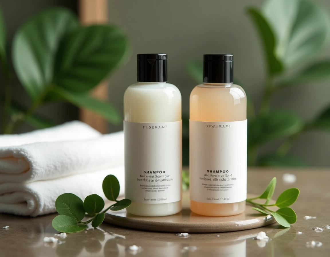 Bouteilles de shampoing sans sulfate pour cheveux traités au lissage brésilien sur fond de pierre naturelle