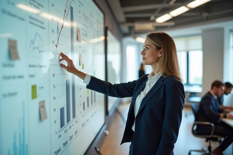 Femme manager présentant une stratégie de performance d'entreprise sur un tableau blanc dans un bureau moderne