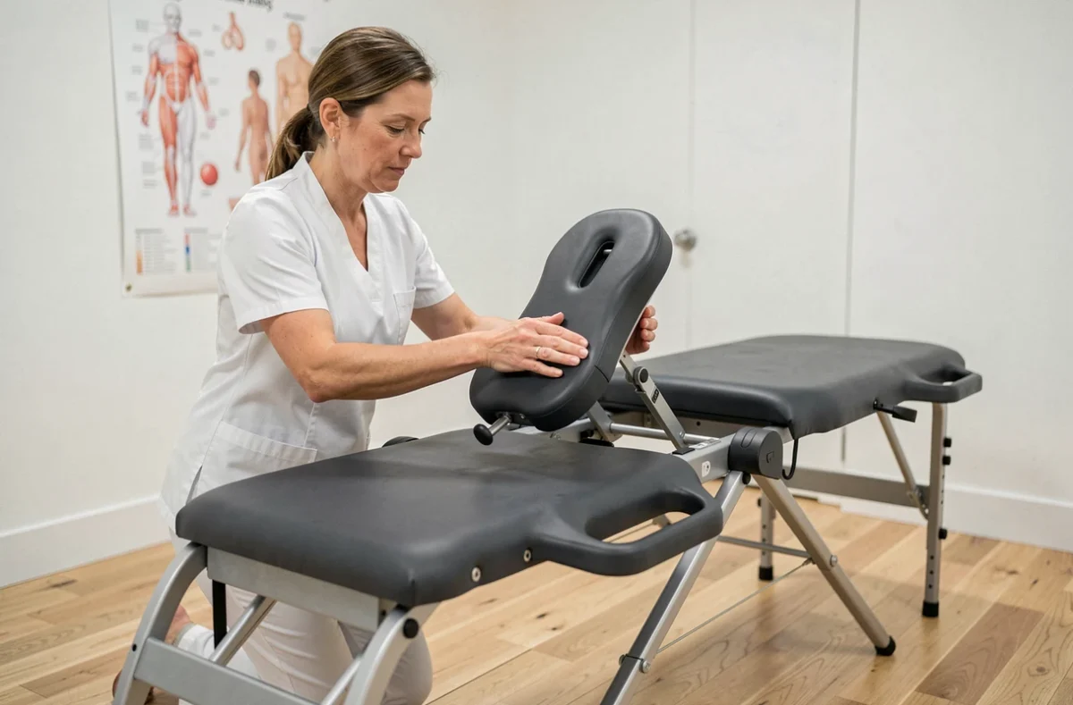 Thérapeute réglant une table de massage pliante portable en cabinet de kinésithérapie