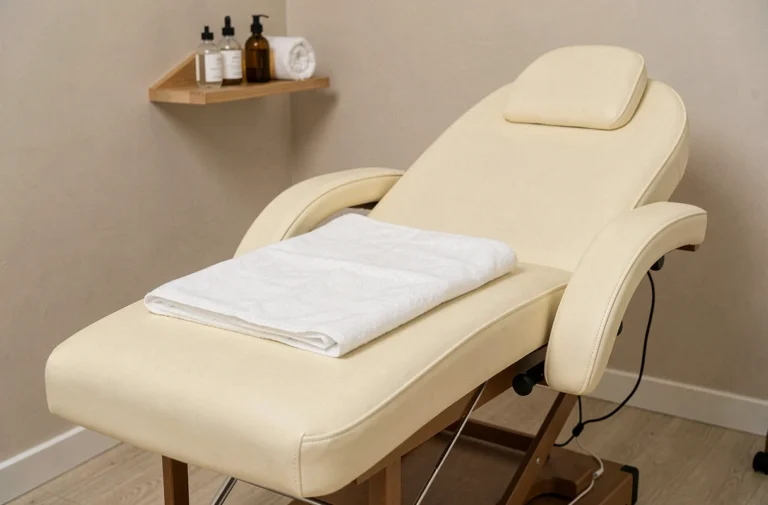 Table de massage professionnelle en vinyle crème avec appuie-tête réglable dans une salle de soin spa minimaliste