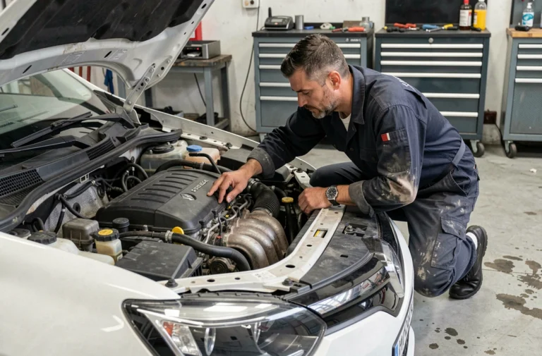Technicien automobile inspectant le moteur d'une Renault dans un garage professionnel pour diagnostiquer le code défaut DTC253F29