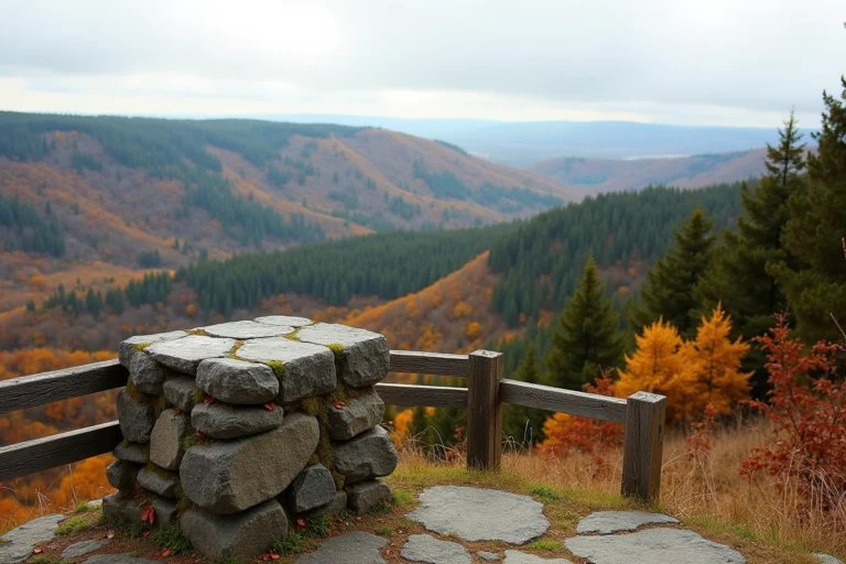 Vue panoramique du massif du Pilat en automne avec forêts dorées et collines boisées visibles depuis un belvédère en pierre
