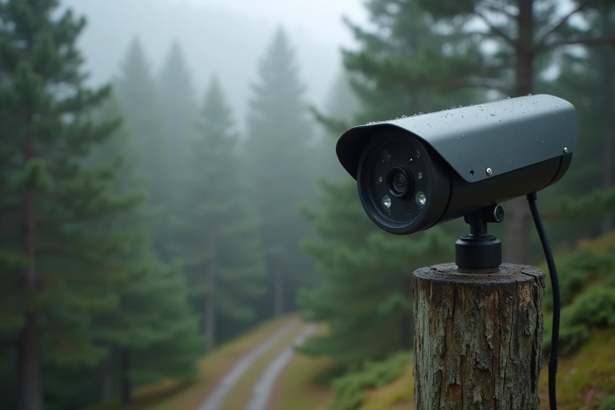 Webcam météo installée sur un poteau métallique dans la forêt du Pilat avec brume matinale en arrière-plan